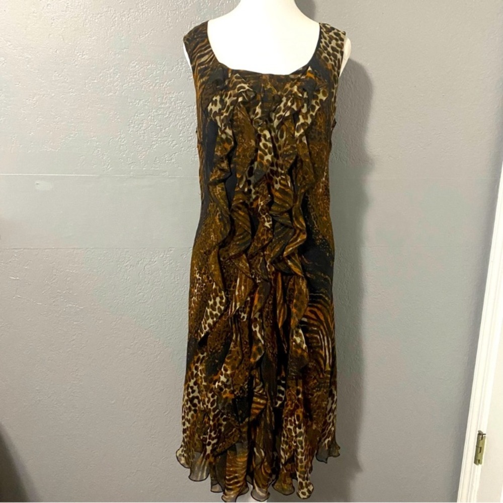 Avenue semi sheer mixed animal print ruffled midi dress leopard cheetah 14